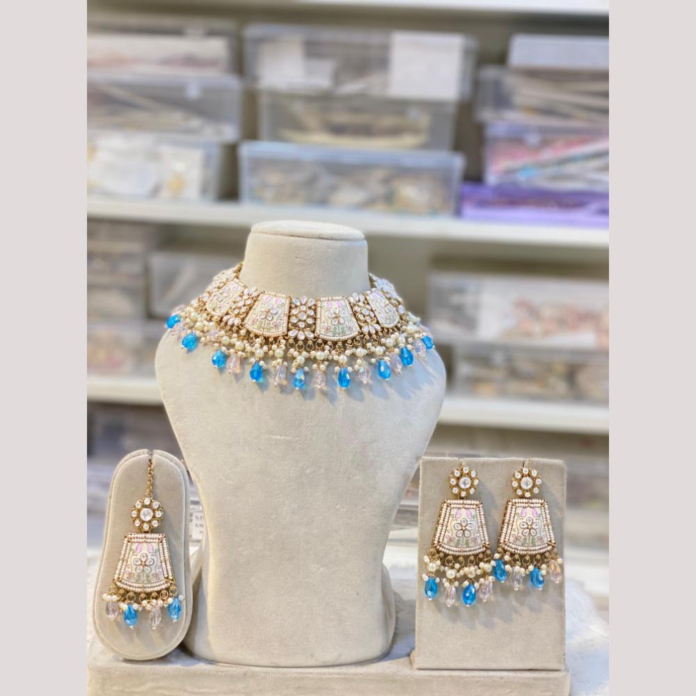 Hira Collections Premium Kundan Stone And Pearl Meenakari Choker Necklace Set