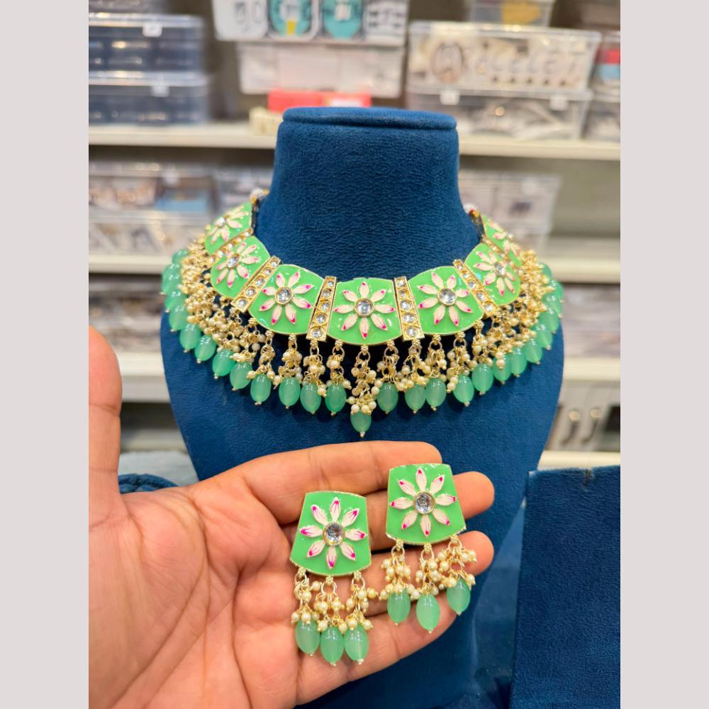 Hira Collections Premium Kundan Stone And Pearl Meenakari Choker Necklace Set