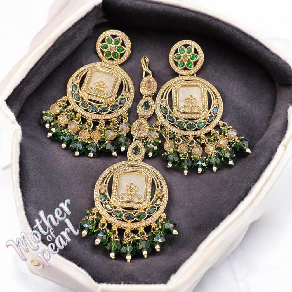 Hira Collections Stylish Crystal Stone And Pearl Dangler Earrings With Maang Tikka