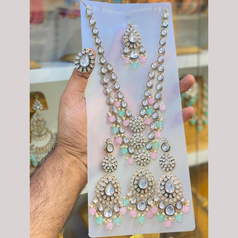 Hira Collection Glamorous Kundan Stone And Beads Long Necklace Set With Ring