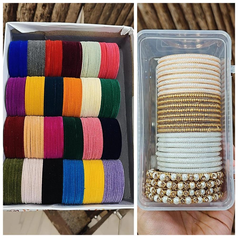 Hira Collections Designer Assorted Color Velvet Pearl Bangle Set for Women