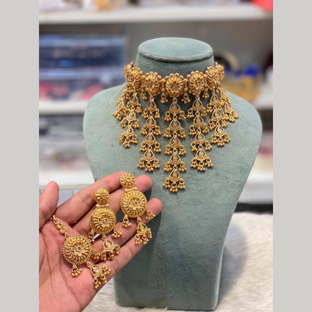 Hira Collections Traditional Gold Finish Choker Necklace Jewellery Set
