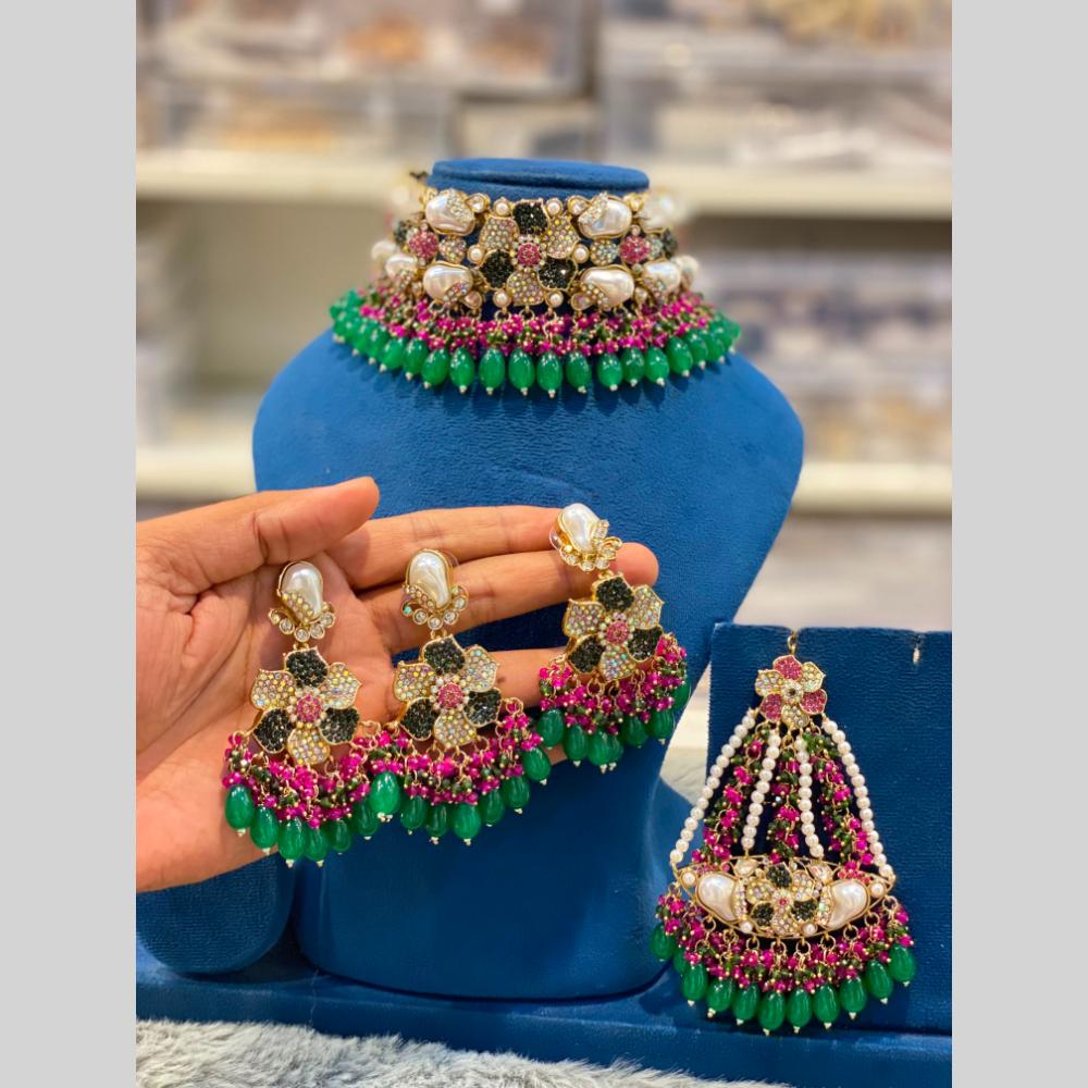 Hira Collections Gorgeous Floral Austrian Stone And Beads Choker Necklace Set