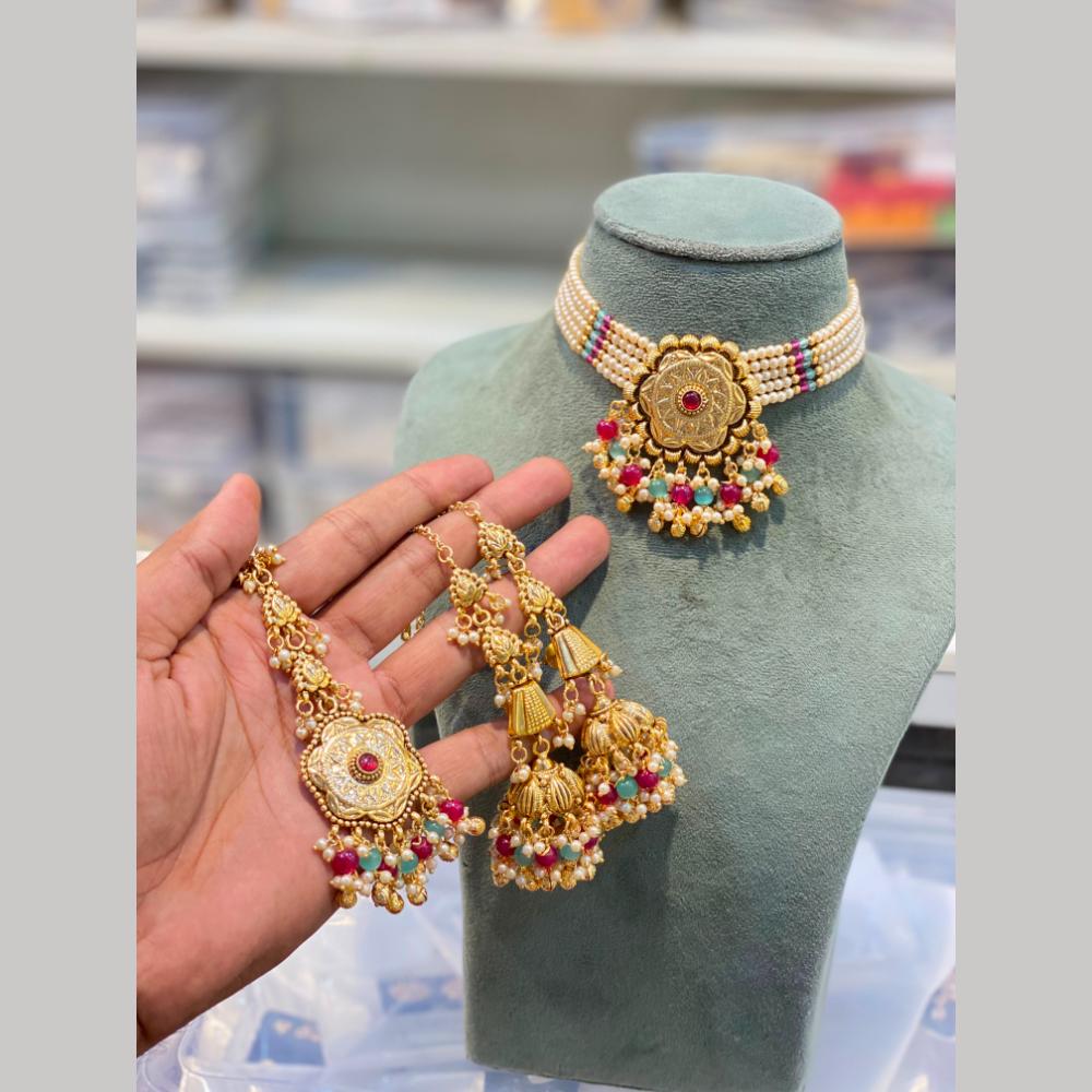 Hira Collections Designer Pota Stone And Pearl Choker Necklace Set