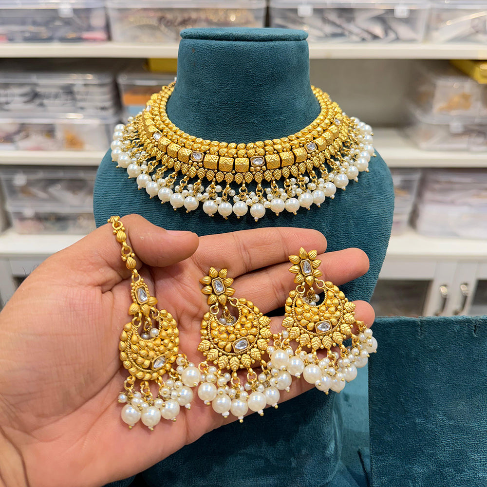 Hira Collections Royal Pota Stone And Pearl Stylish Choker Neckalce Set