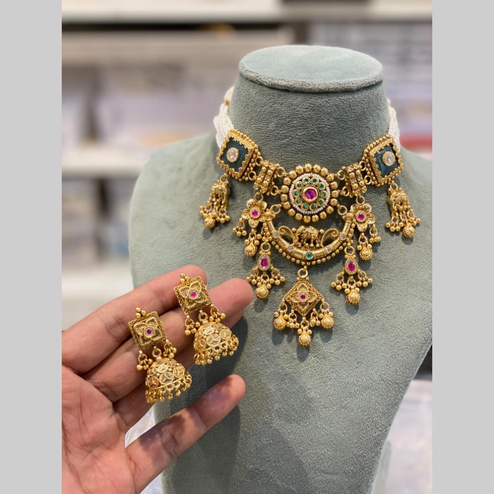 Hira Collections Traditional Indian Pota Stone And Pearl Choker Necklace Set