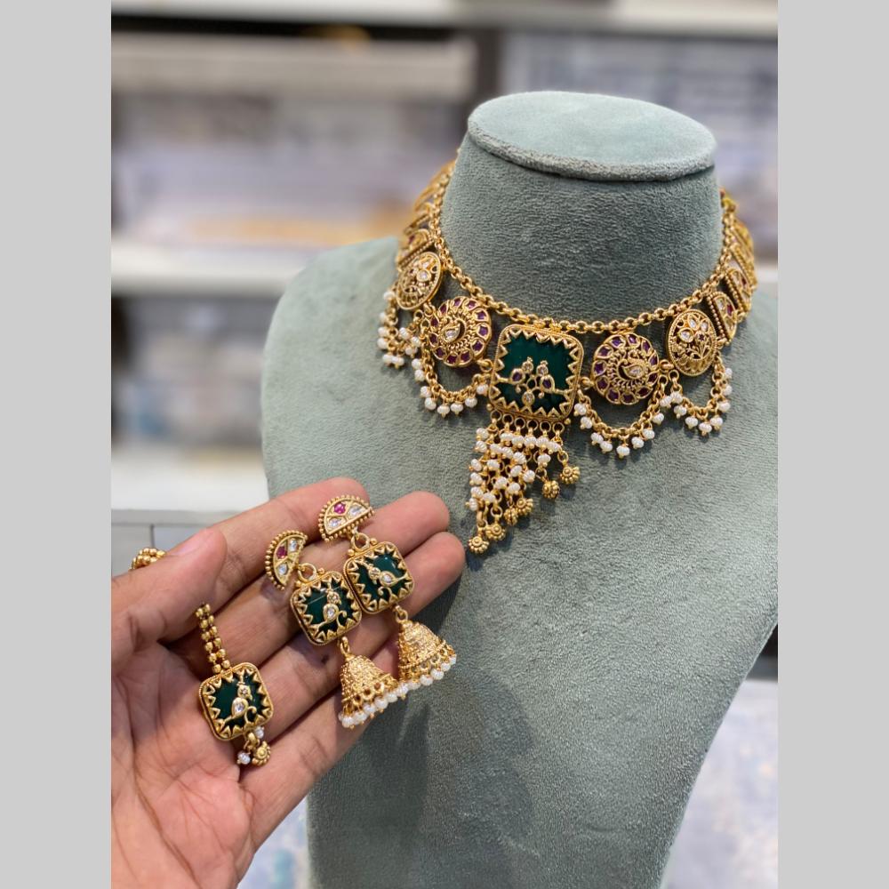 Hira Collections Traditional Indian Pota Stone And Pearl Choker Necklace Set