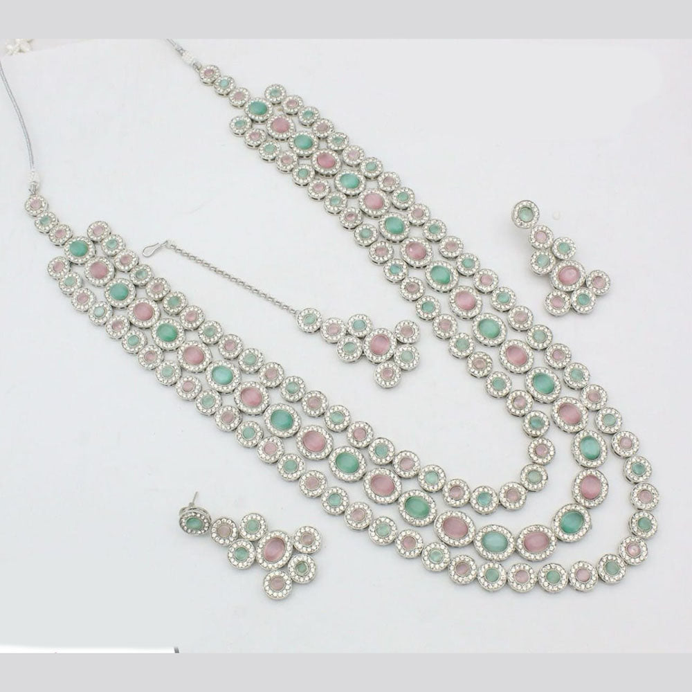 Kavita Art Silver Plated Crystal Stone  Multi Layer Long Necklace Set