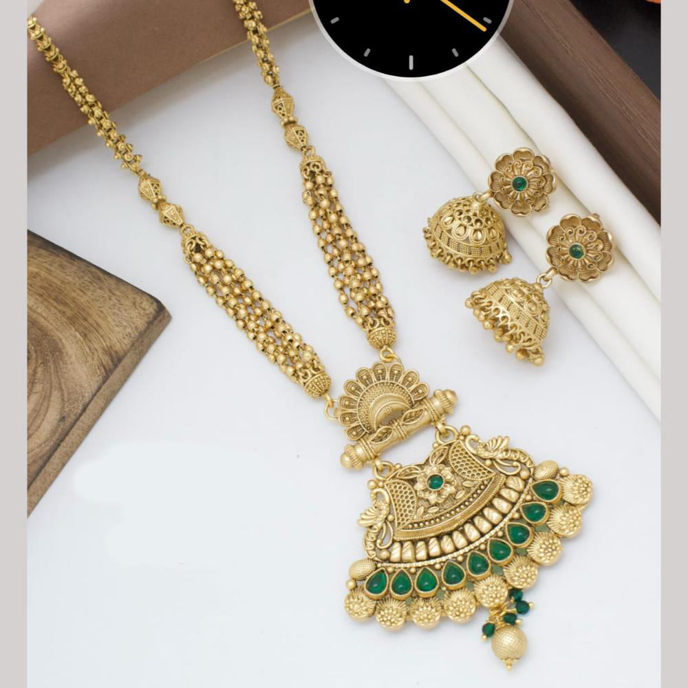 Kavita Art Gold Plated Pota Stone And Pearls Long Necklace Set