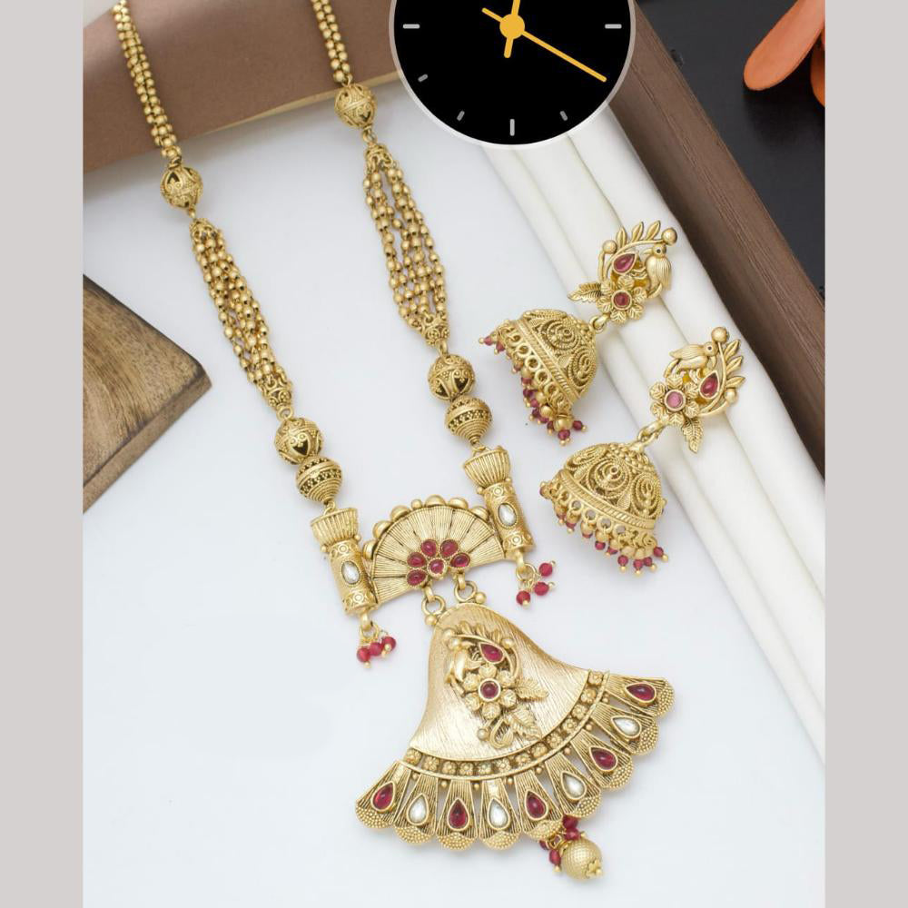 Kavita Art Gold Plated Pota Stone And Pearls Long Necklace Set