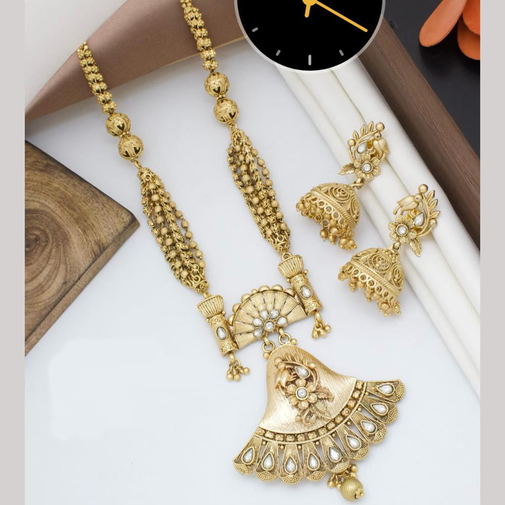 Kavita Art Gold Plated Pota Stone And Pearls Long Necklace Set
