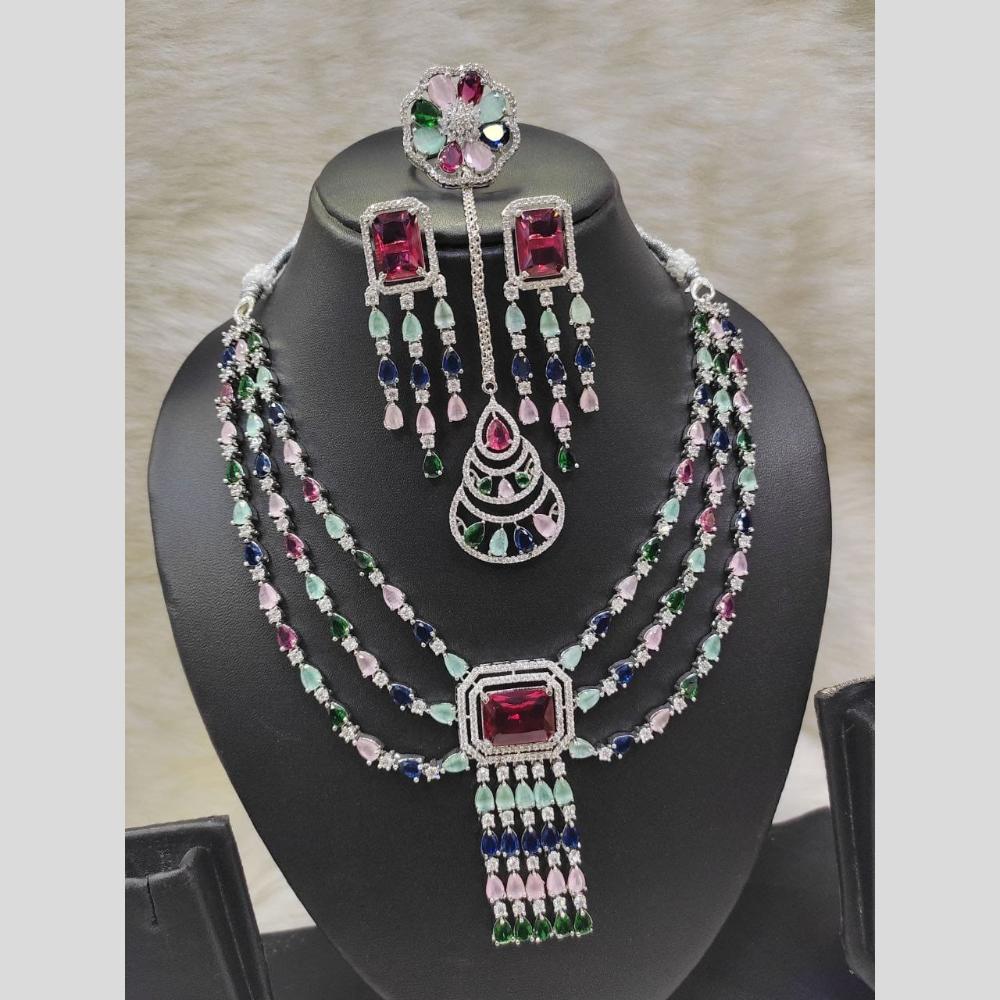 Kavita Art Silver Plated American Diamond With Ring Necklace Set