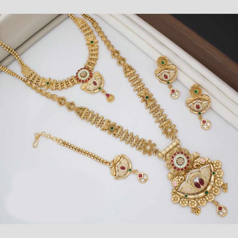 Kavita Art Gold Plated Pota Stone And Meenakari Double Necklace Set