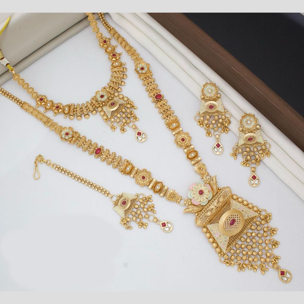 Kavita Art Gold Plated Pota Stone And Meenakari Double Necklace Set