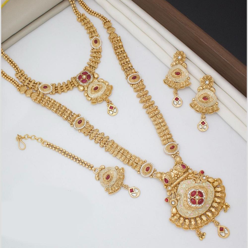 Kavita Art Gold Plated Pota Stone And Meenakari Double Necklace Set