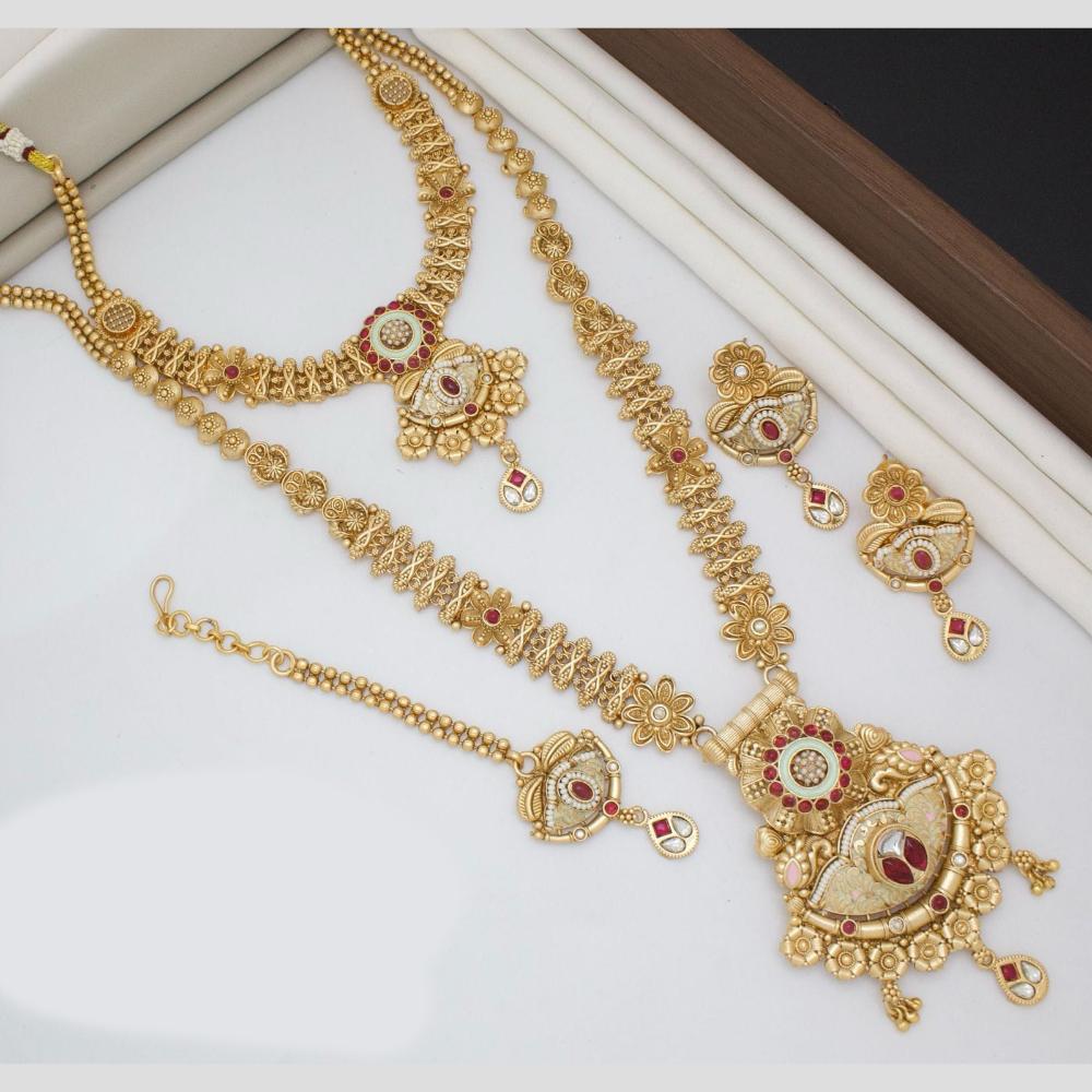 Kavita Art Gold Plated Pota Stone And Meenakari Double Necklace Set