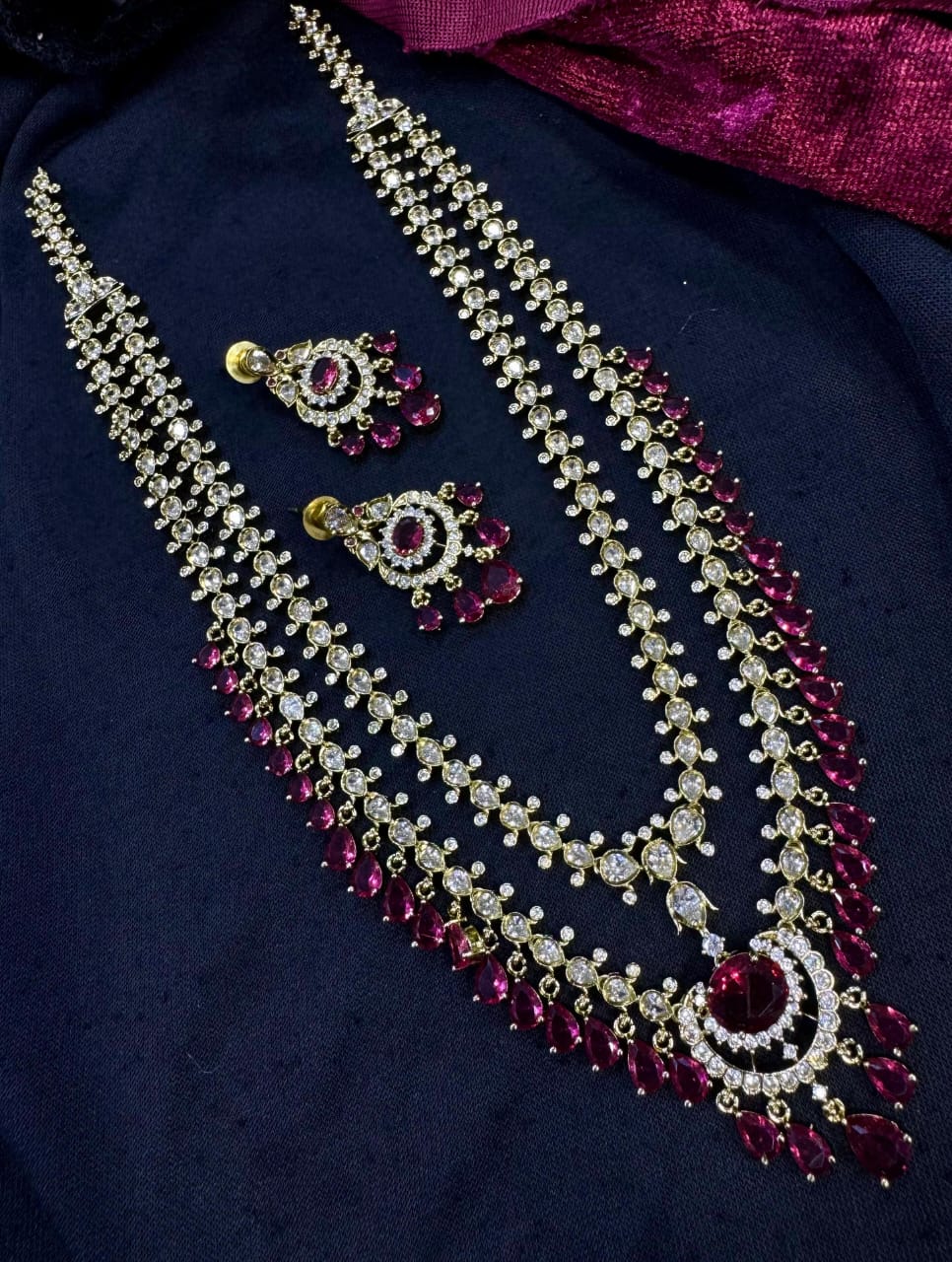 Kavita Art Silver Plated American Diamond Multi-LayerLong Necklace Set