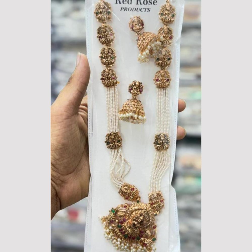Kavita Art Premium Pota Stone And Pearl Temple Long Necklace Set