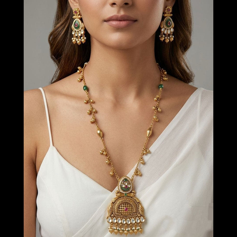 Kavita Art Elegant Pota Stone And Pearl Long Necklace Jewellery Set