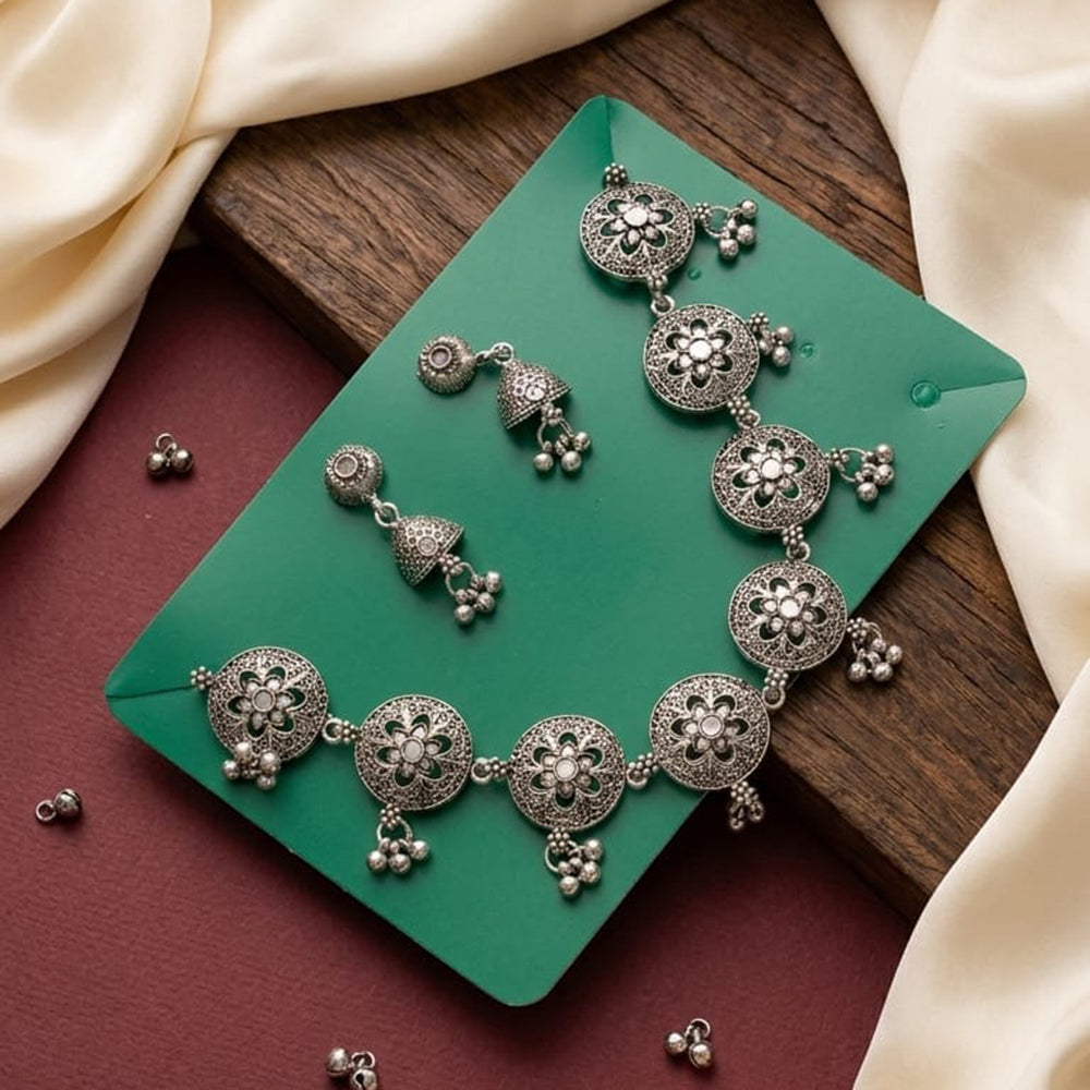 Kavita Art Boho Style Oxidised Plated Mirror And Pearl Necklace Set