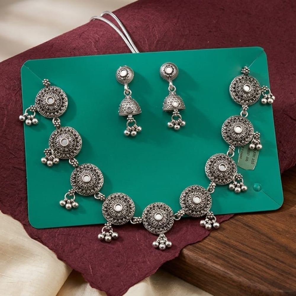 Kavita Art Boho Style Oxidised Plated Mirror And Pearl Necklace Set