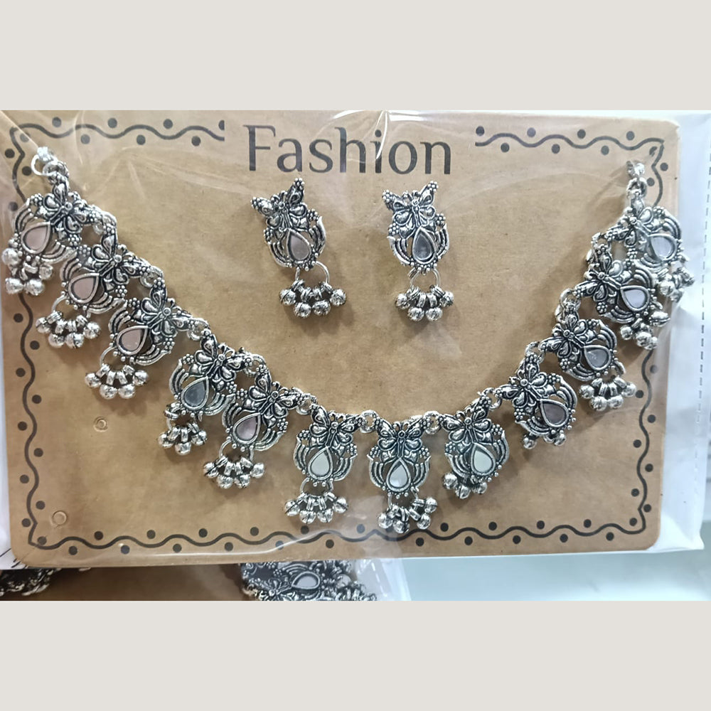 Kavita Art Boho Style Oxidised Plated Mirror And Pearl Necklace Set