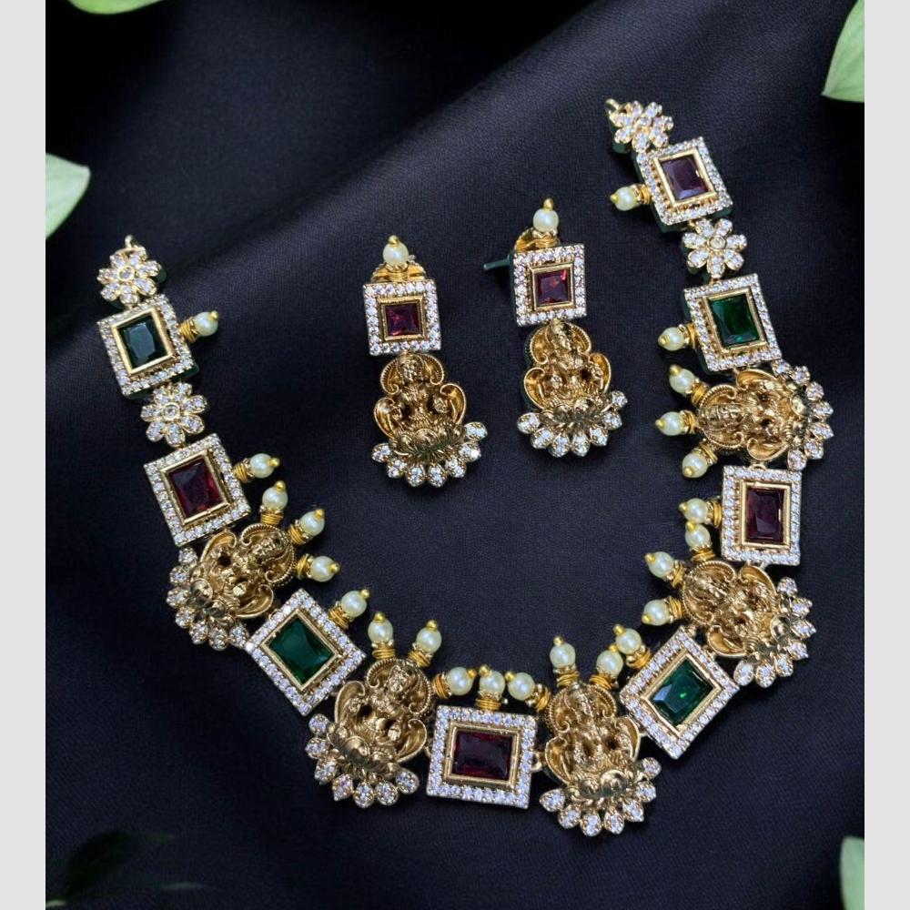 Sona Creation Gold Plated Austrian Stone And Pearls Temple Necklace Set