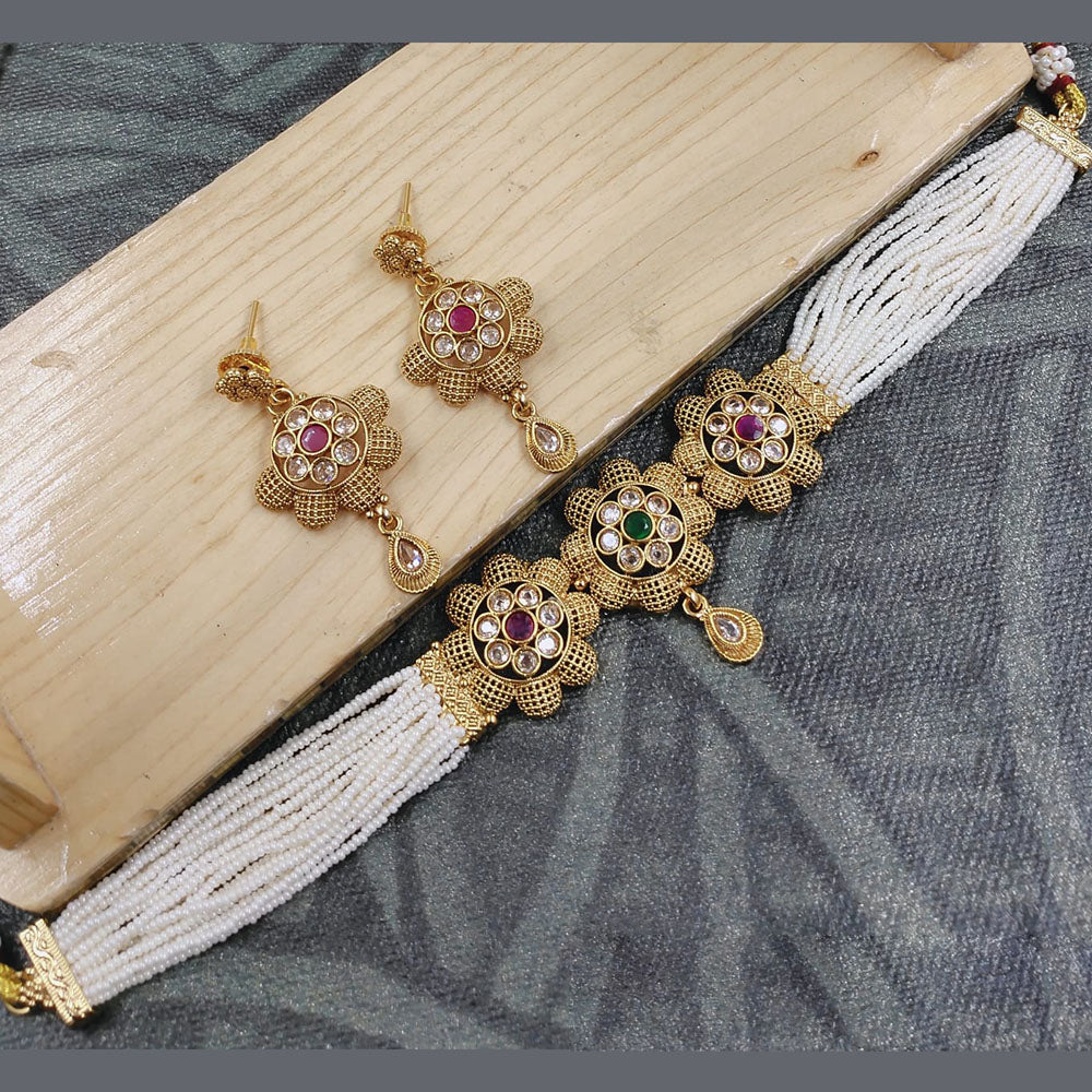 SNERA Gold Plated Crystal Stone And Pearls Choker Necklace Set