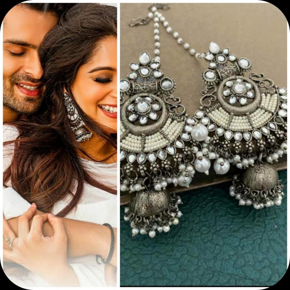 SNERA Oxidised Kundan Stone And Pearls Kan Chain Jhumki Earrings