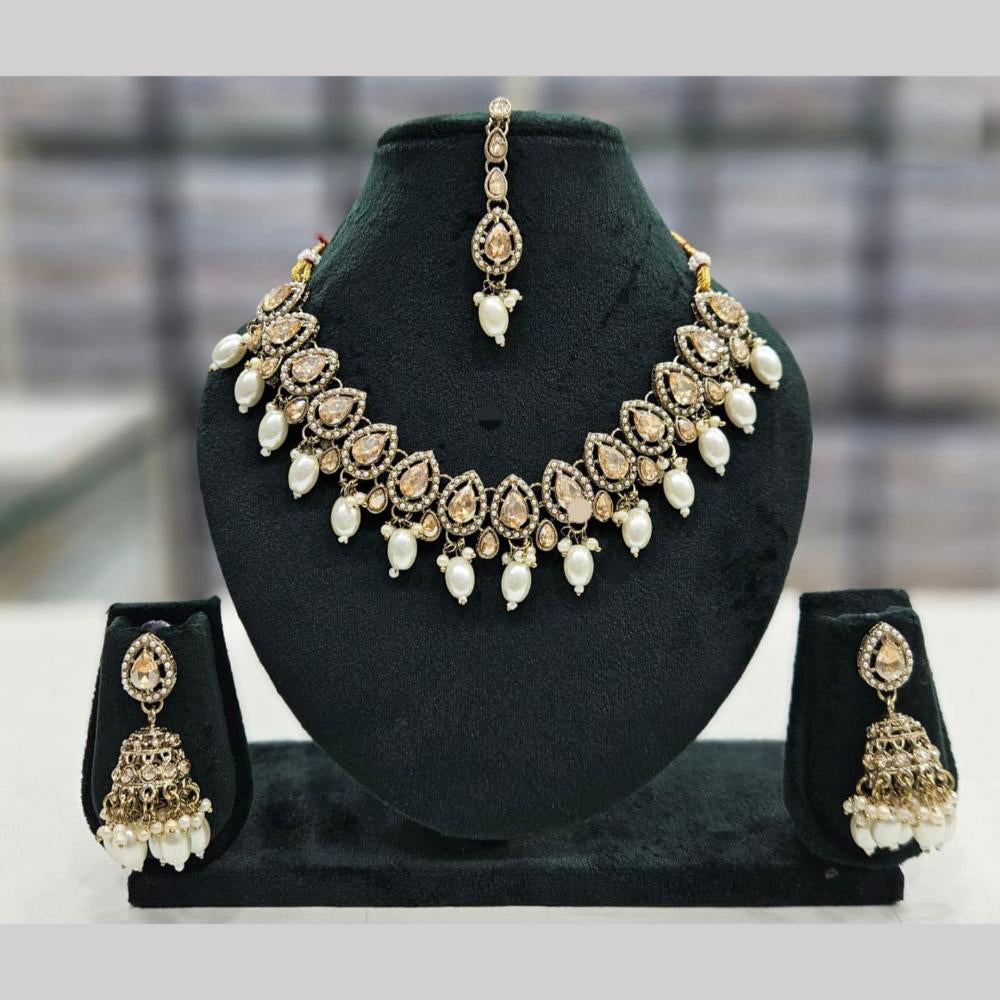 SNERA Gold Plated Crystal Stone And Pearls Necklace Set