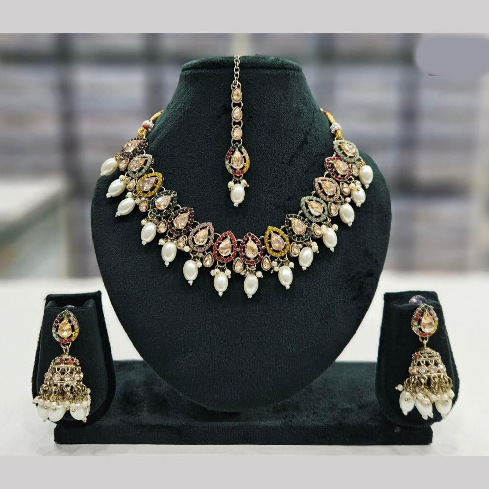 SNERA Gold Plated Crystal Stone And Pearls Necklace Set