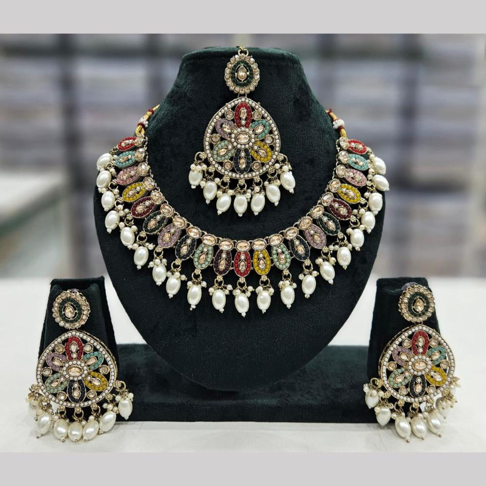 SNERA Gold Plated Crystal Stone And Pearls Necklace Set