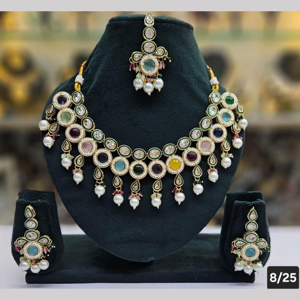 SNERA Gold Plated Crystal Stone And Pearls Necklace Set