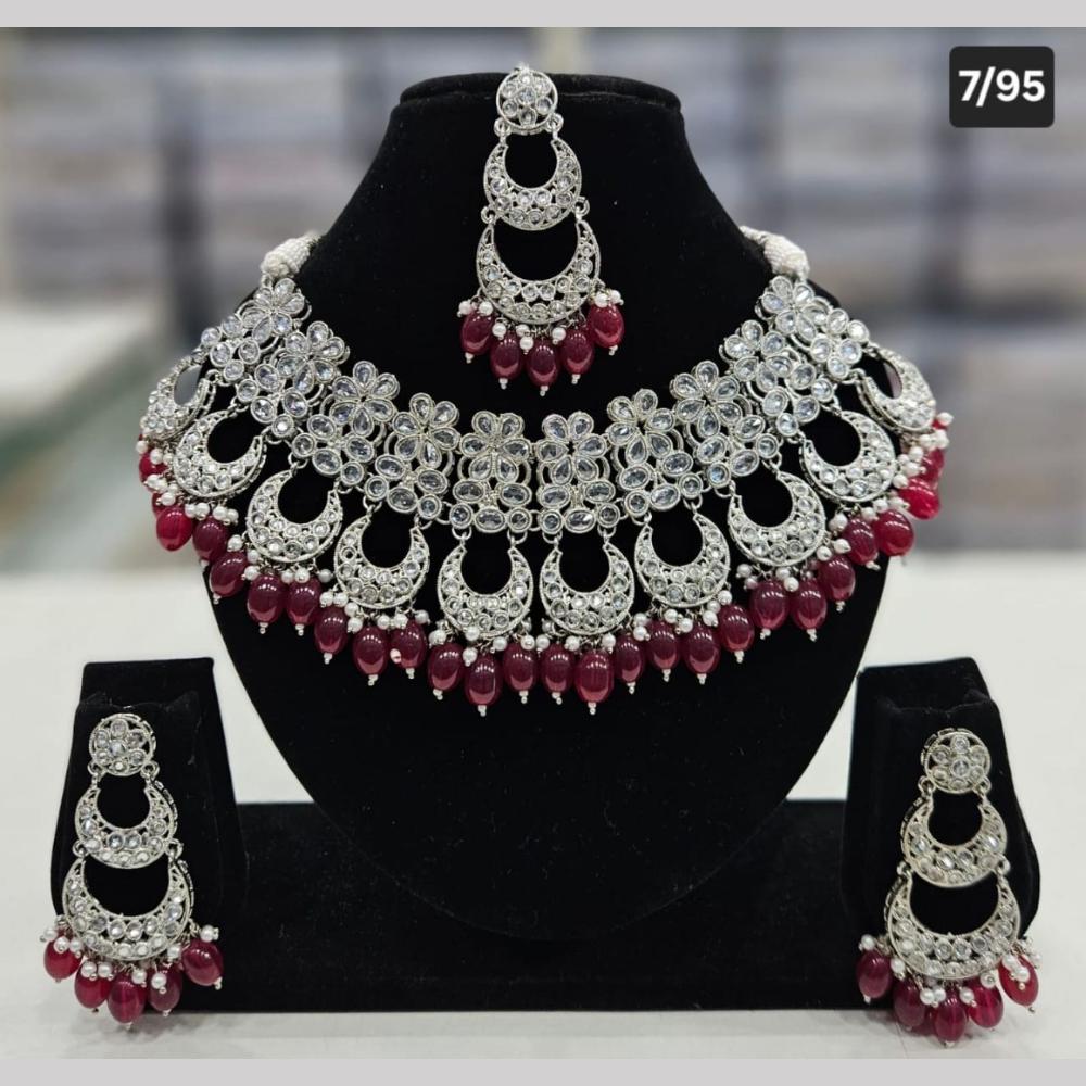 SNERA Silver Plated Crystal Stone And Pearls Choker Necklace Set