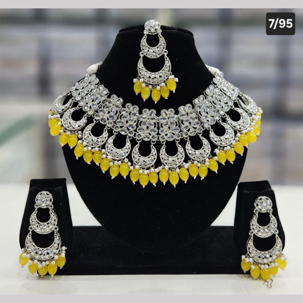 SNERA Silver Plated Crystal Stone And Pearls Choker Necklace Set