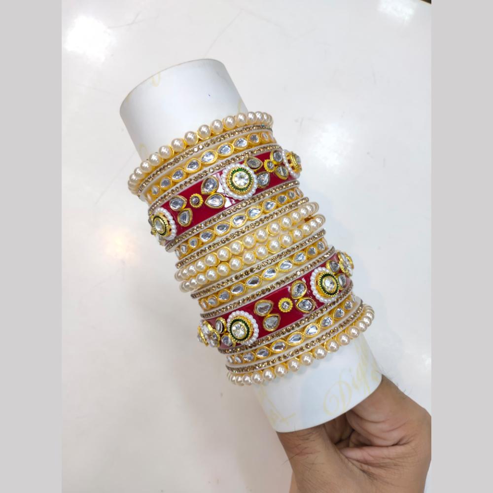 SNERA Gold Plated Kundan Stone And Pearls Acrylic Bangles Set