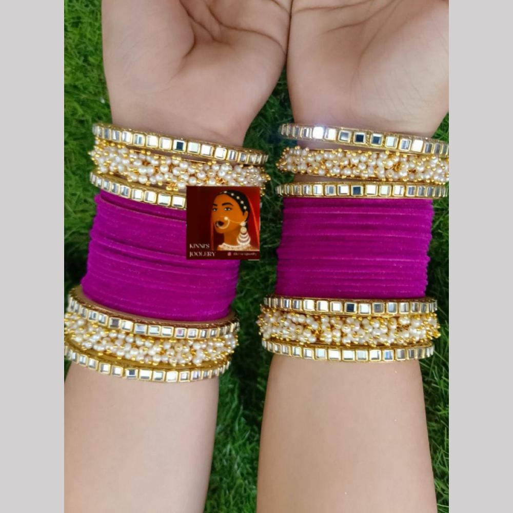 SNERA Gold Plated Mirror And Pearls Velvet Bangles Set