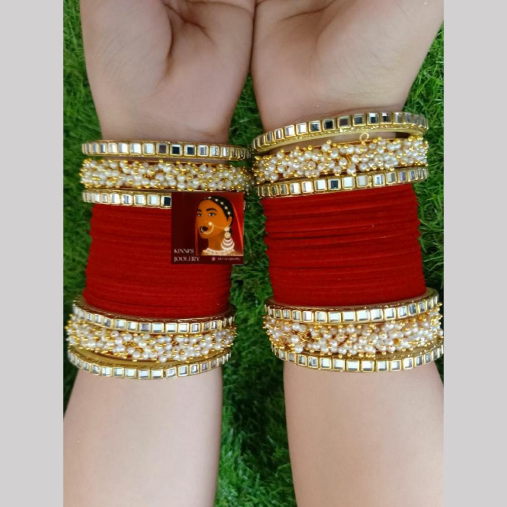 SNERA Gold Plated Mirror And Pearls Velvet Bangles Set