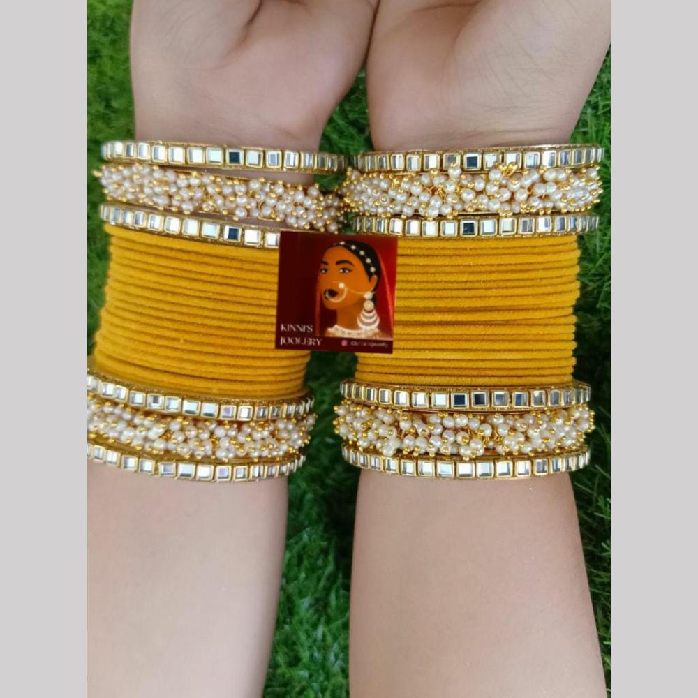 SNERA Gold Plated Mirror And Pearls Velvet Bangles Set