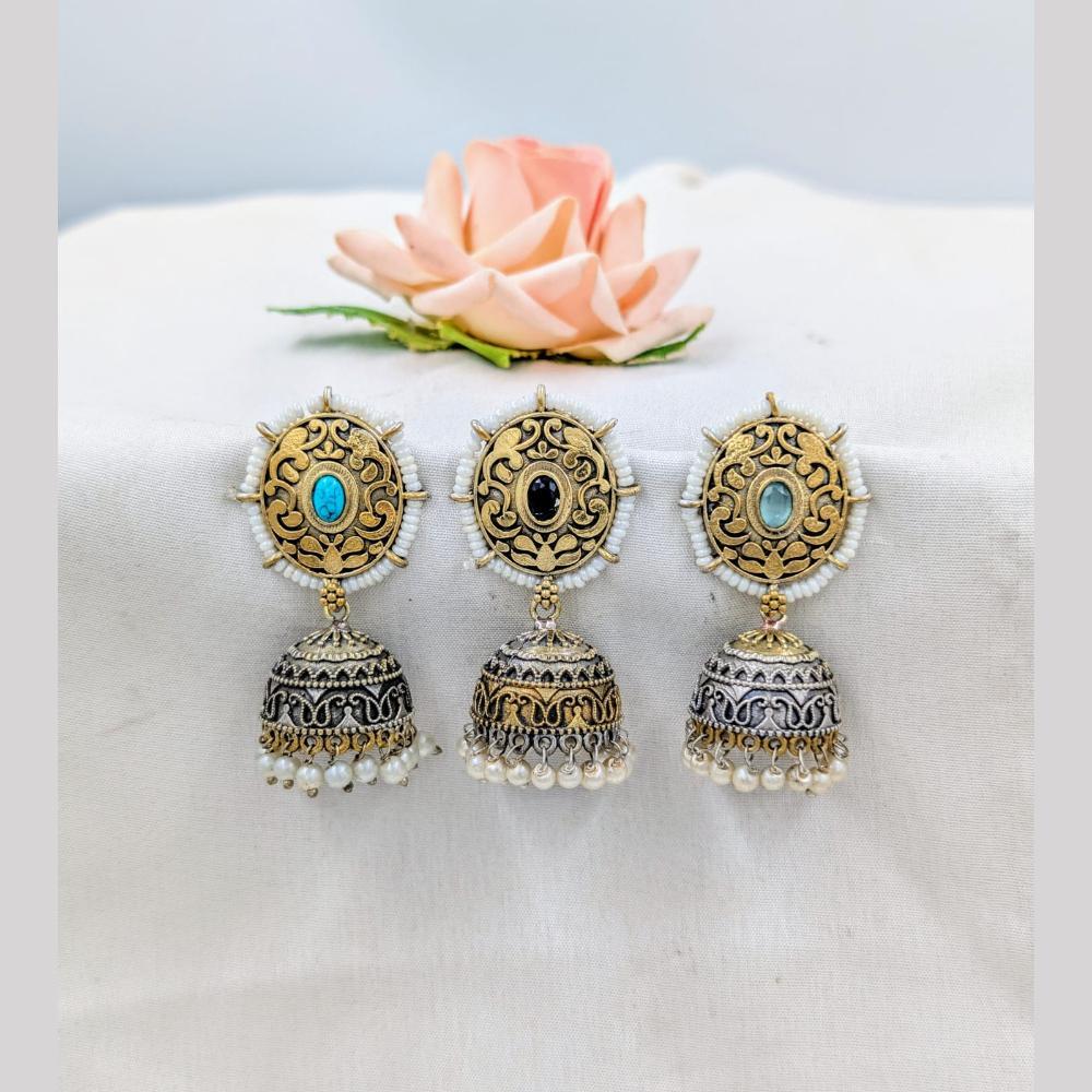 SNERA 2 Tone Plated Pota Stone And Pearls Jhumki Earrings