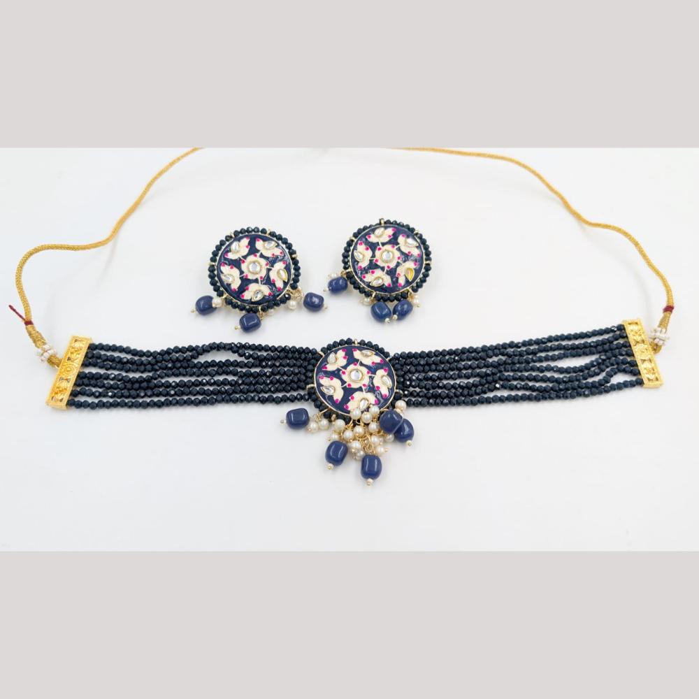 SNERA Gold Plated Kundan Stone And Beads Meenakari Choker Necklace Set