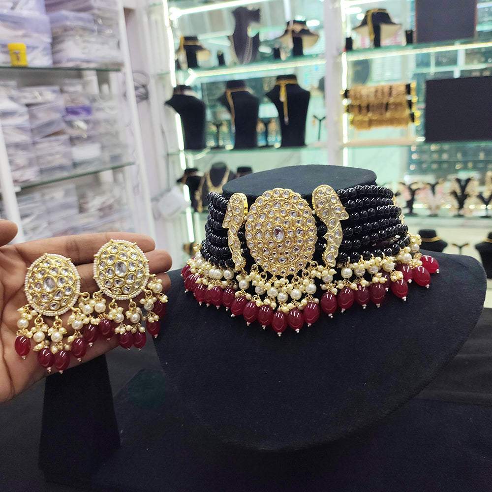 SNERA Gold Plated Kundan Stone And Pearls Choker Necklace Set