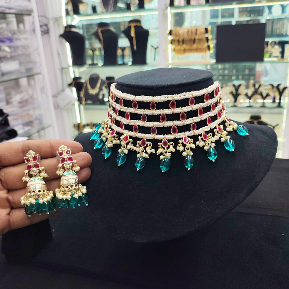SNERA Gold Plated Kundan Stone And Pearls Choker Necklace Set