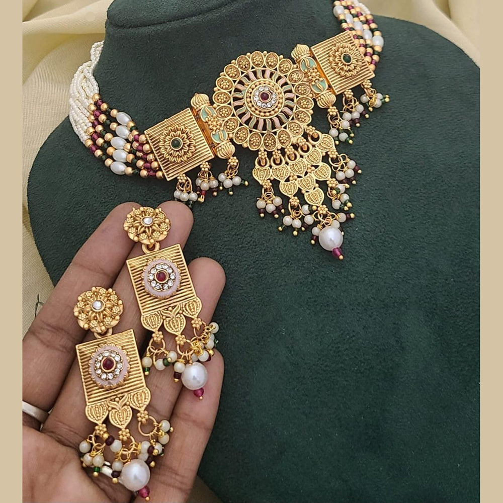 SNERA Gold Plated Kundan Stone And Pearls Choker Meenakari Necklace Set
