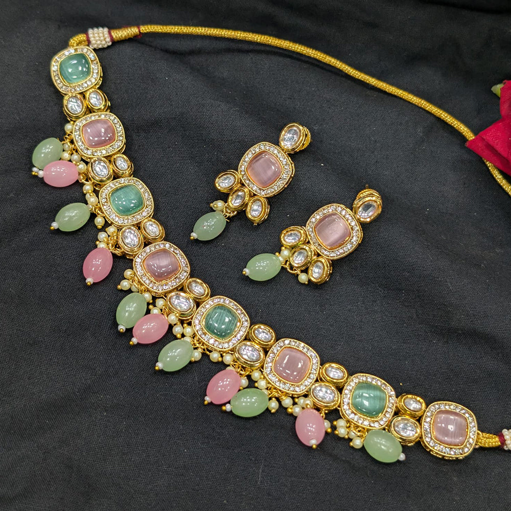 SNERA Gold Plated Pota Stone And Pearls Choker Necklace Set