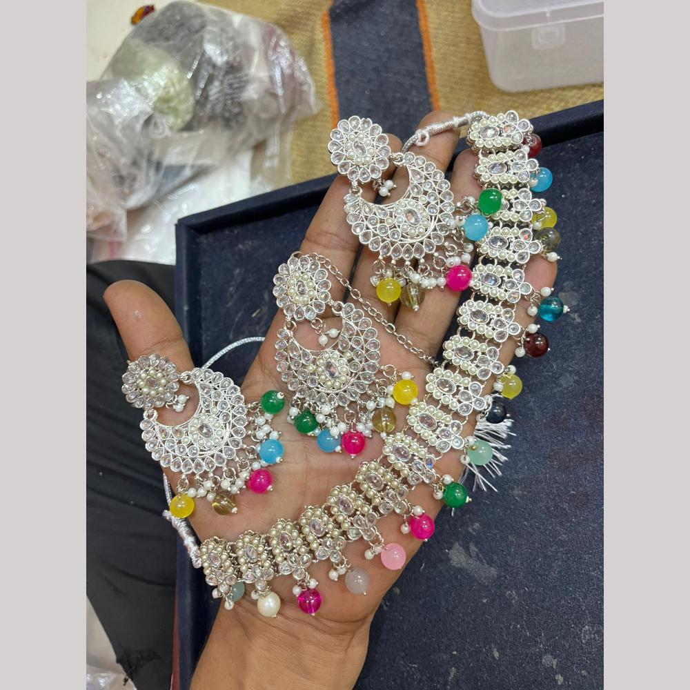 SNERA Silver Plated Crystal Stone And Beads Choker Necklace Set