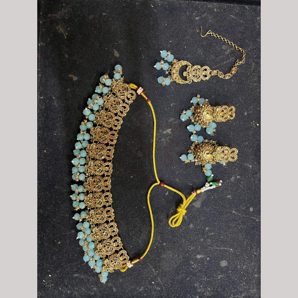 SNERA Silver Plated Crystal Stone And Pearls Choker Necklace Set