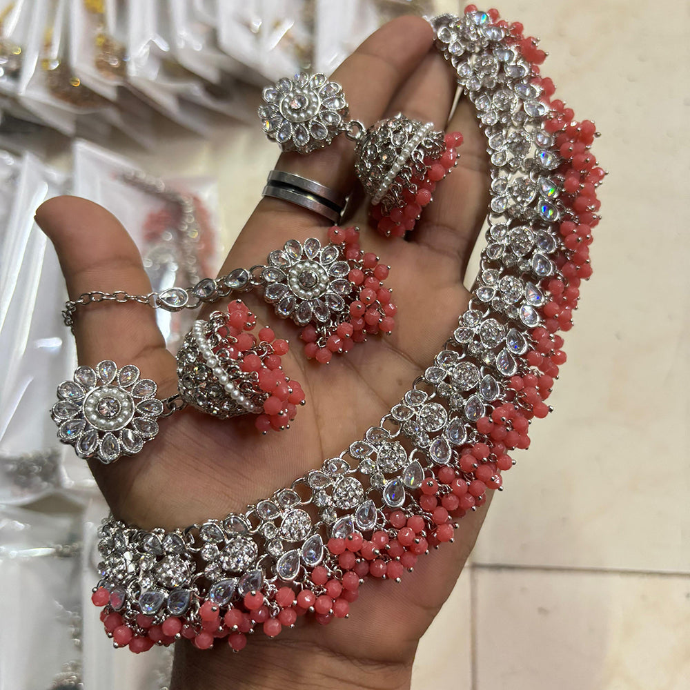 SNERA Silver Plated Crystal Stone And Pearls Choker Necklace Set