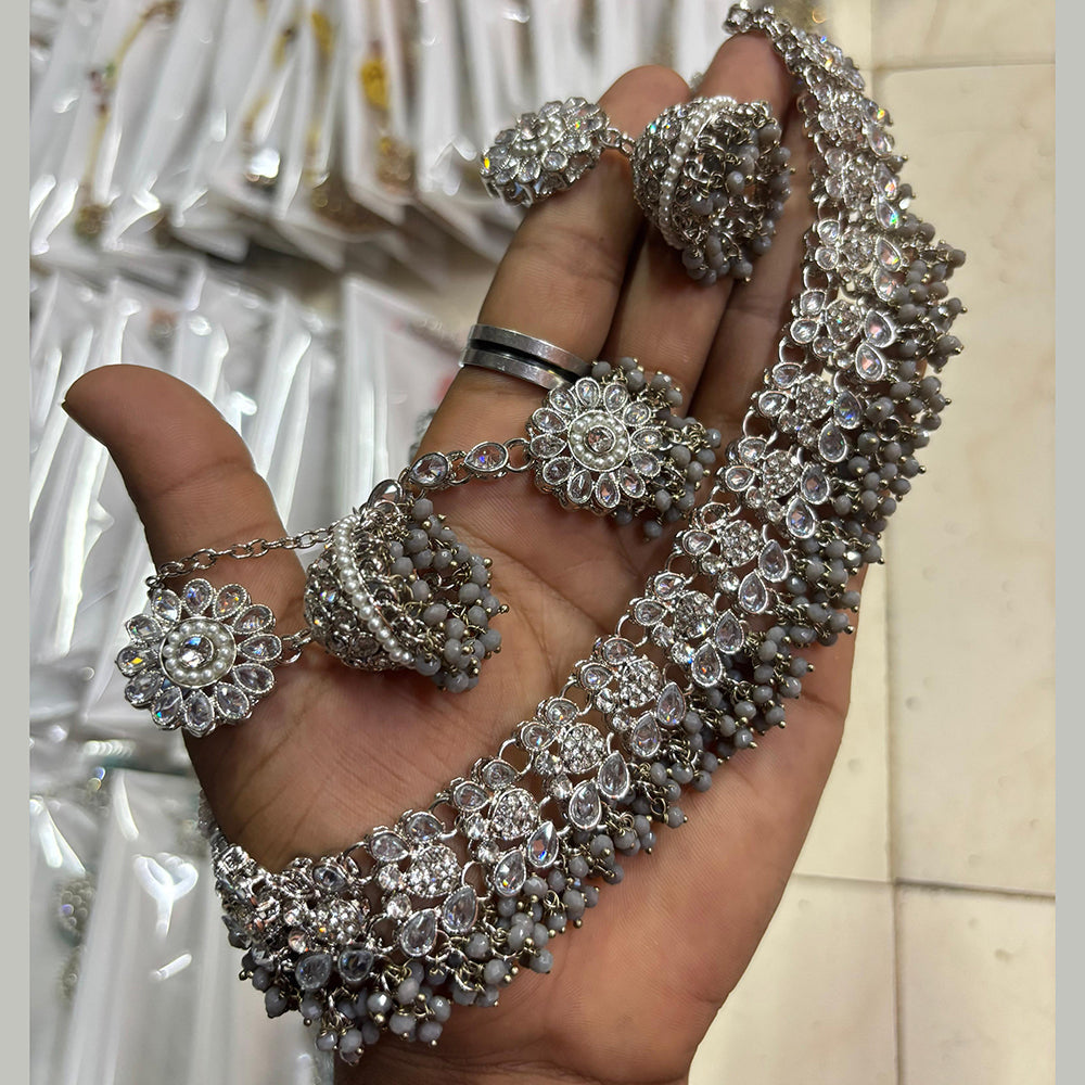 SNERA Silver Plated Crystal Stone And Pearls Choker Necklace Set