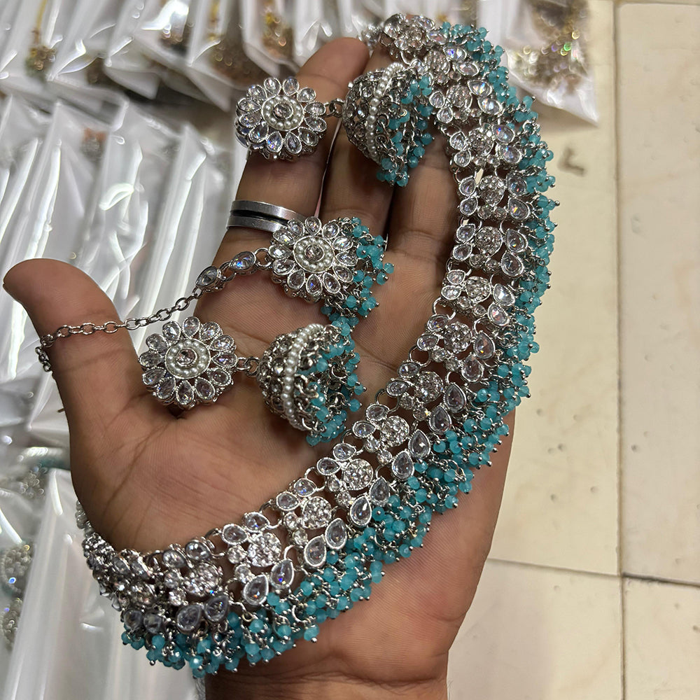 SNERA Silver Plated Crystal Stone And Pearls Choker Necklace Set